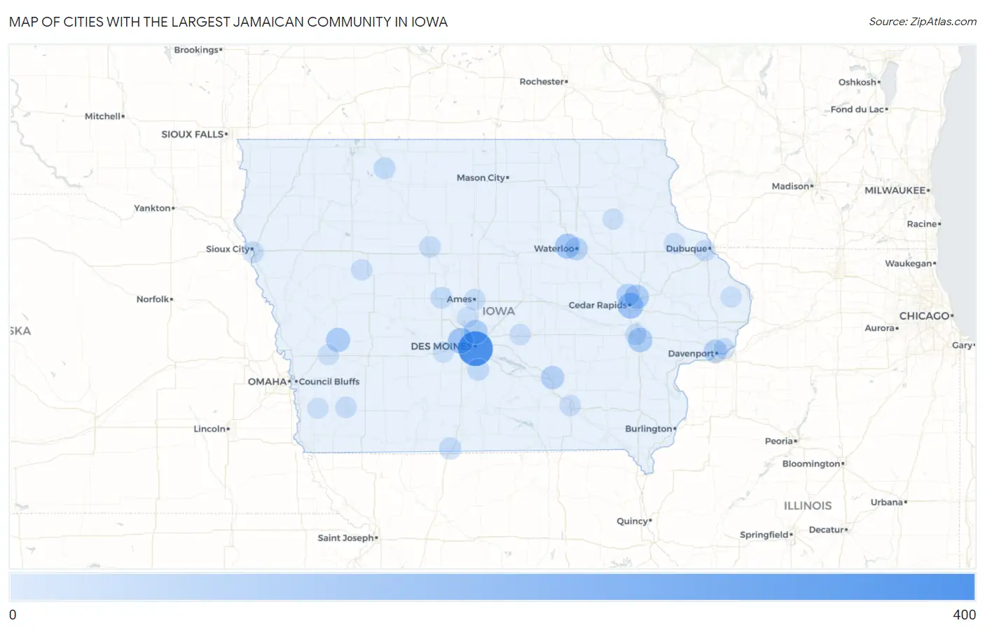Cities with the Largest Jamaican Community in Iowa Map