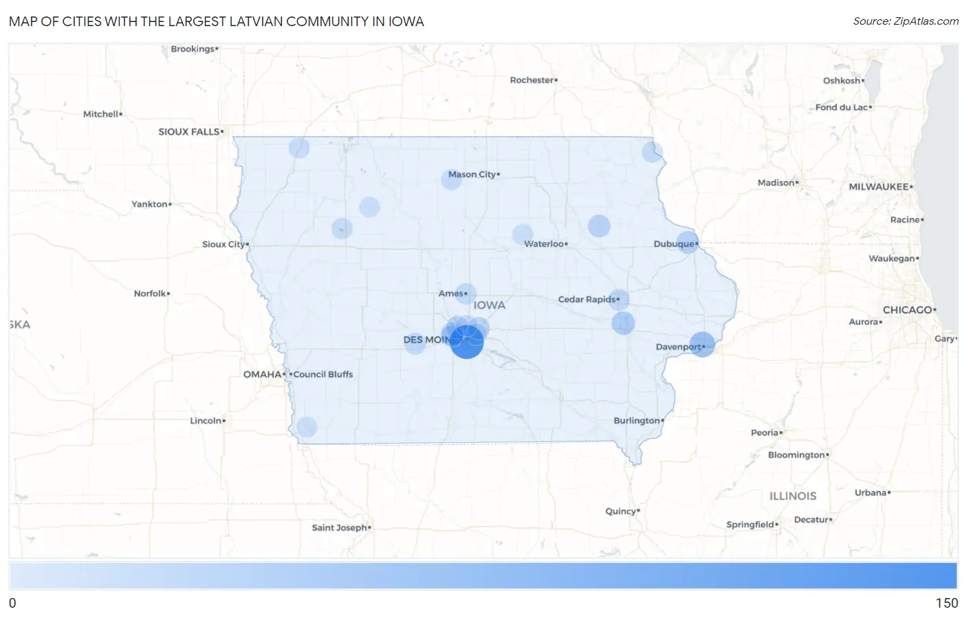 Cities with the Largest Latvian Community in Iowa Map