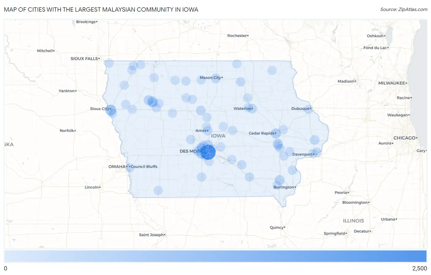 Cities with the Largest Malaysian Community in Iowa Map