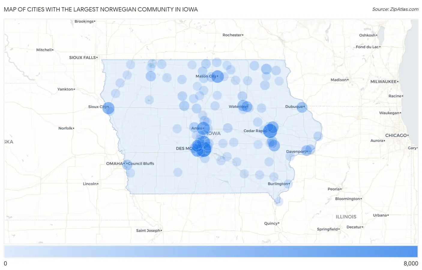 Cities with the Largest Norwegian Community in Iowa Map