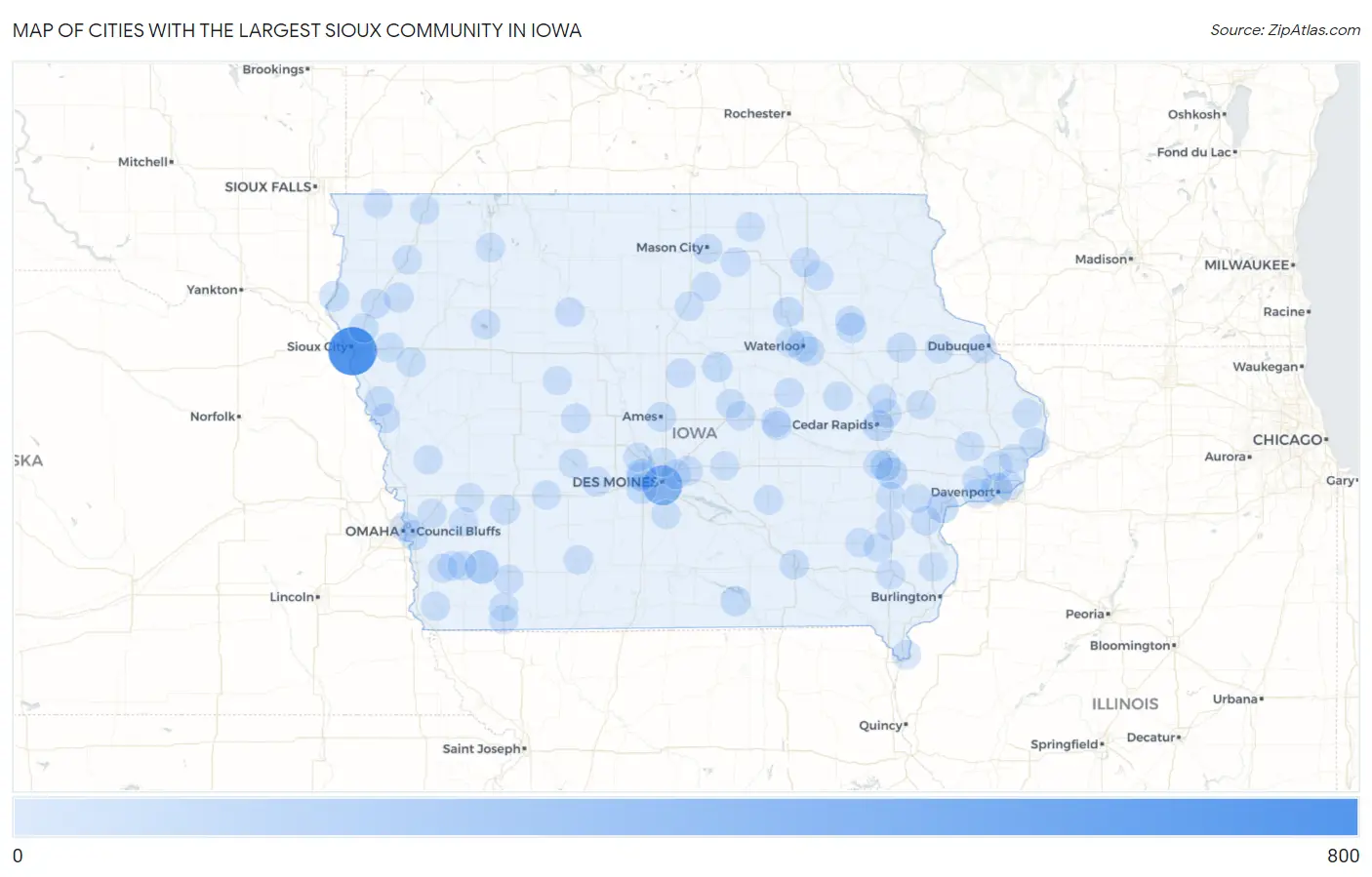 Cities with the Largest Sioux Community in Iowa Map