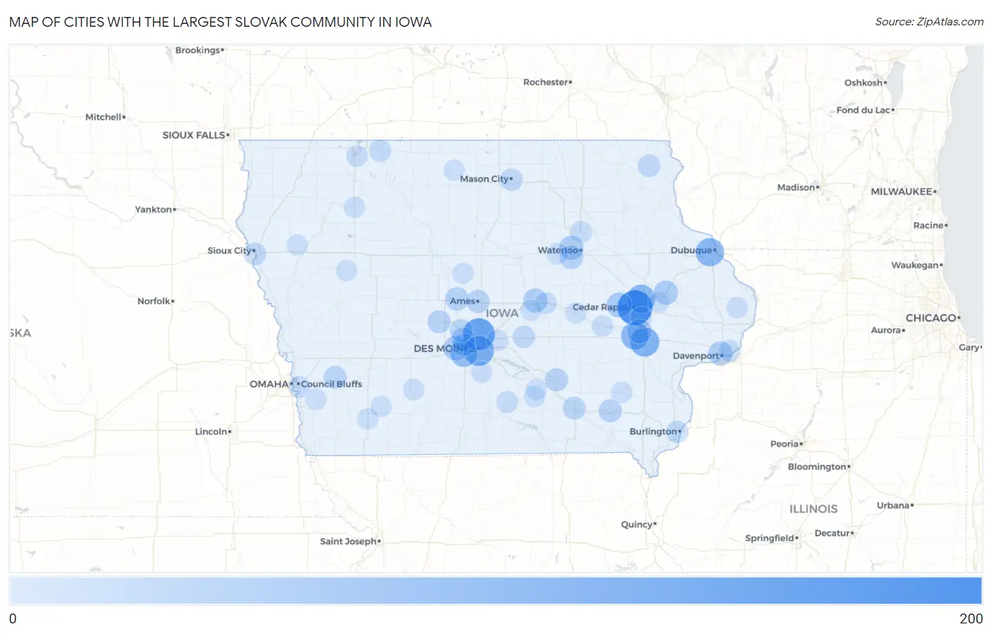 Cities with the Largest Slovak Community in Iowa Map