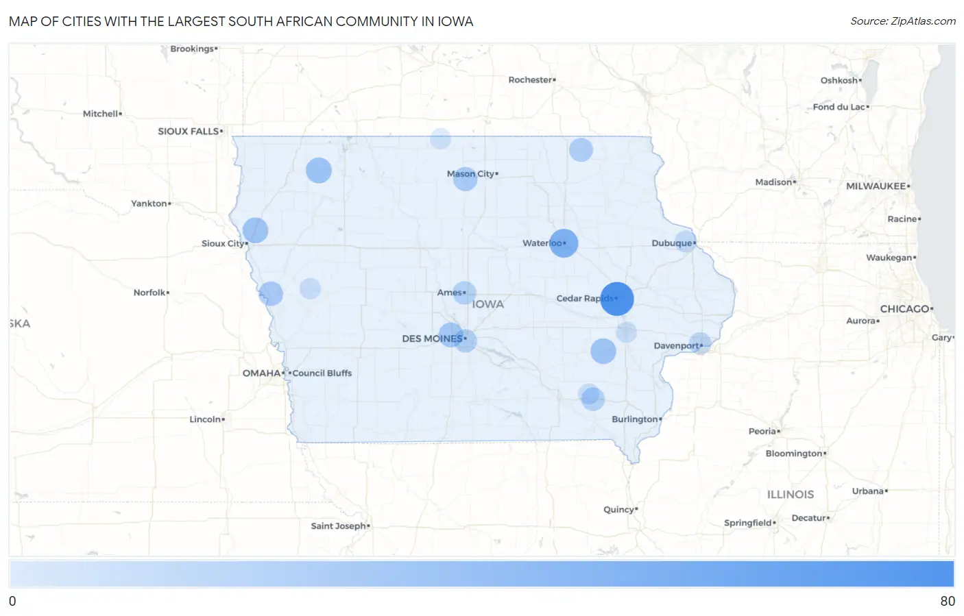 Cities with the Largest South African Community in Iowa Map