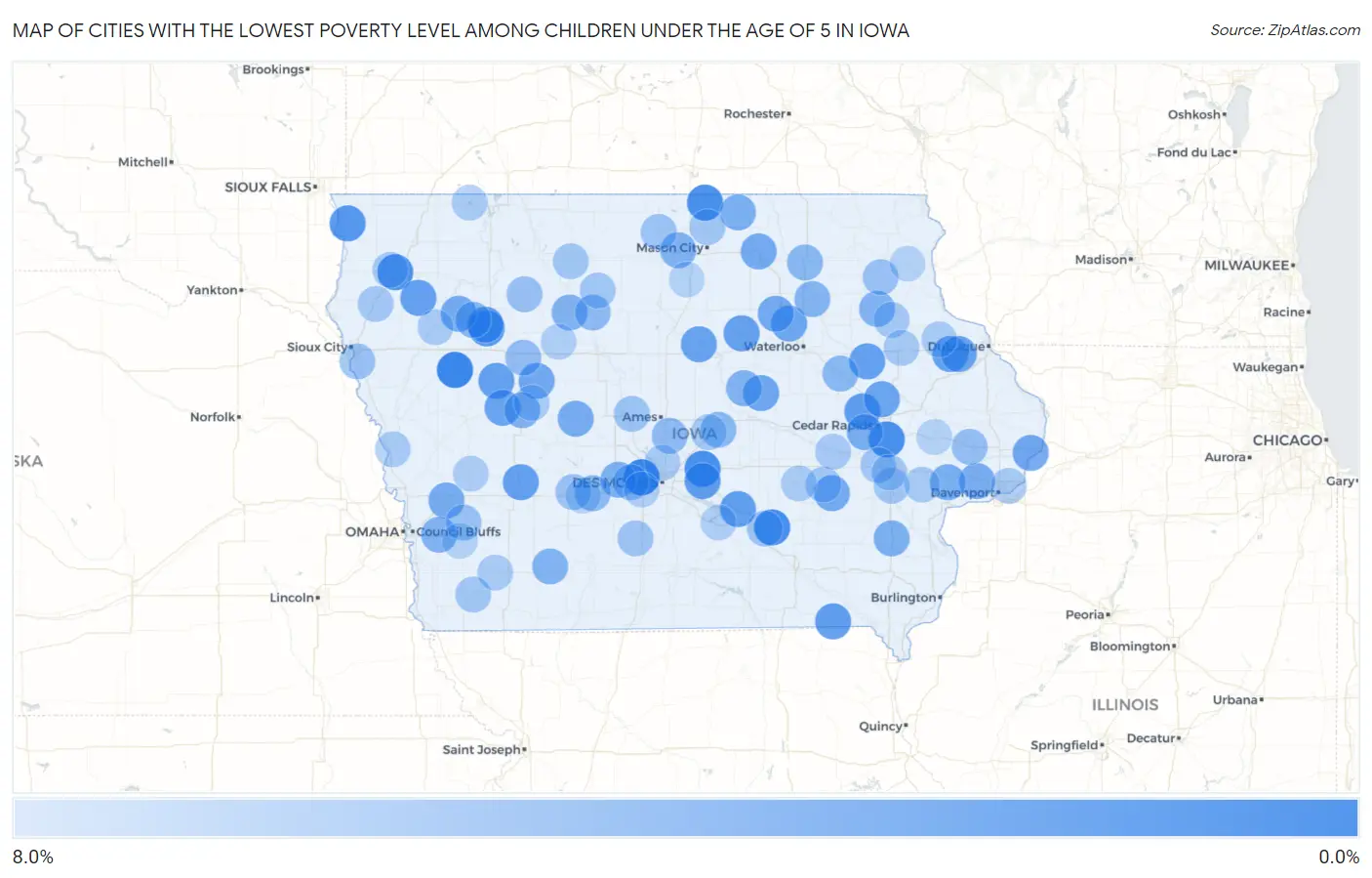 Cities with the Lowest Poverty Level Among Children Under the Age of 5 in Iowa Map
