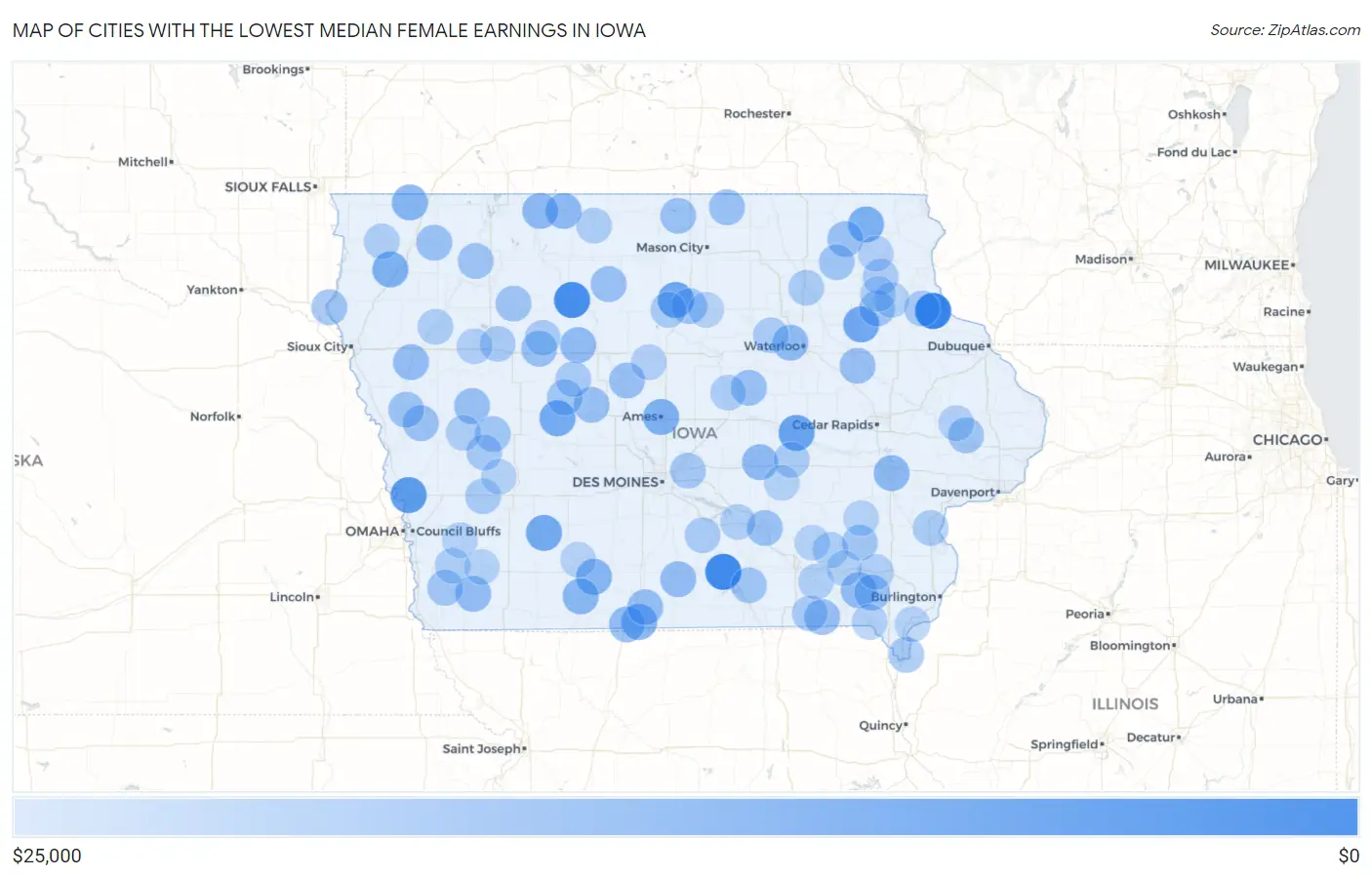Cities with the Lowest Median Female Earnings in Iowa Map