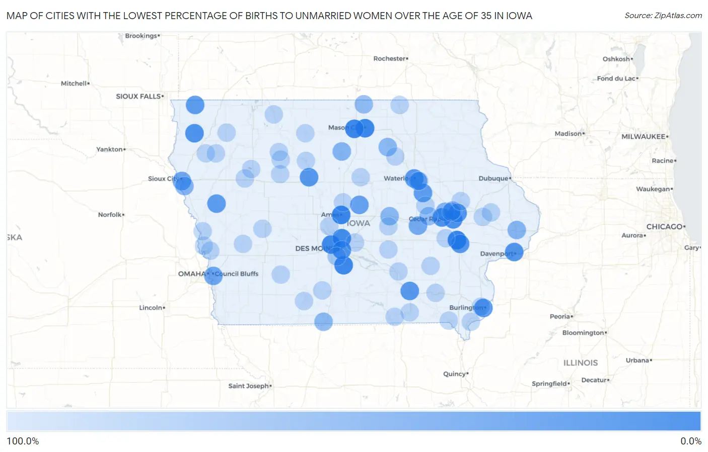 Cities with the Lowest Percentage of Births to Unmarried Women over the Age of 35 in Iowa Map