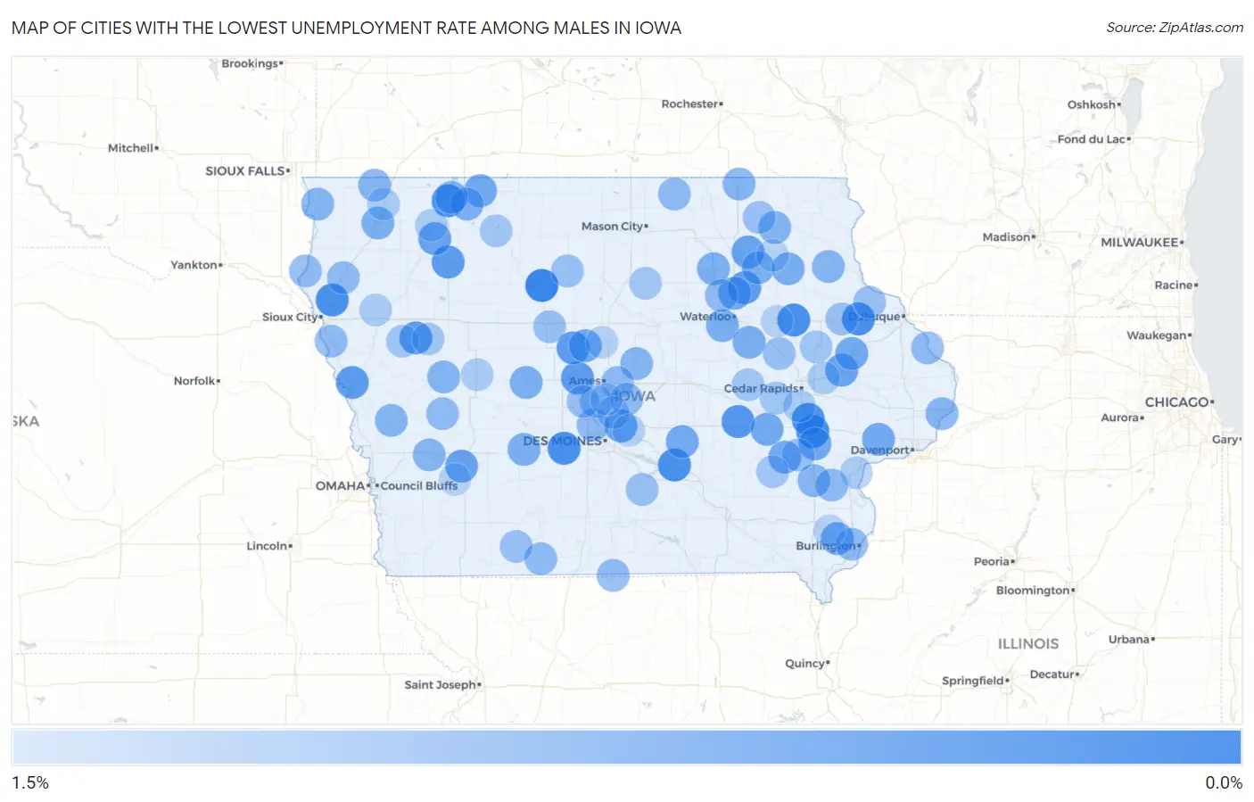Cities with the Lowest Unemployment Rate Among Males in Iowa Map