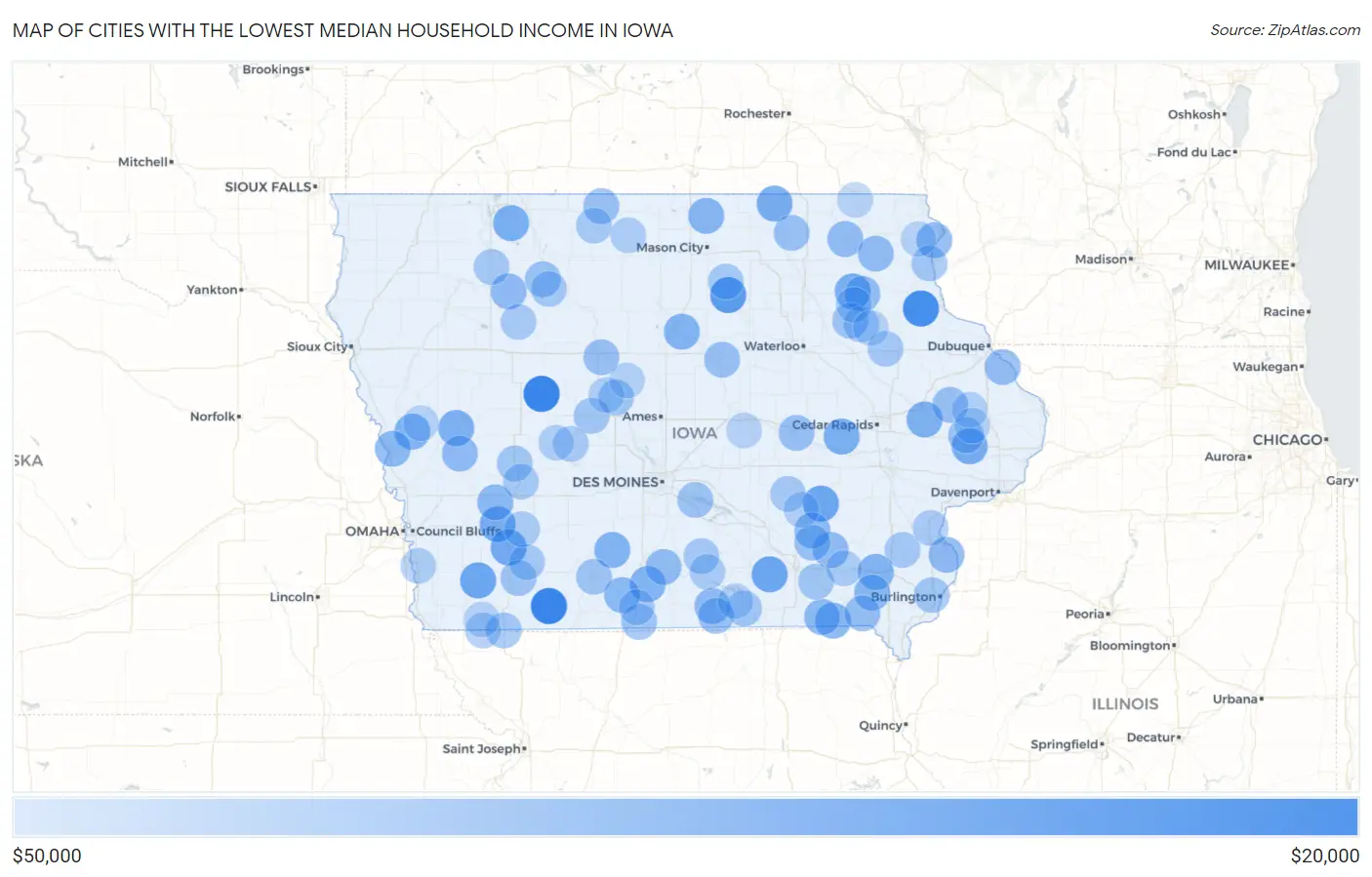 Cities with the Lowest Median Household Income in Iowa Map