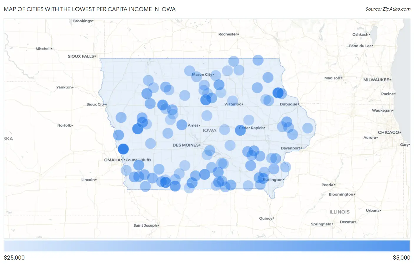 Cities with the Lowest Per Capita Income in Iowa Map
