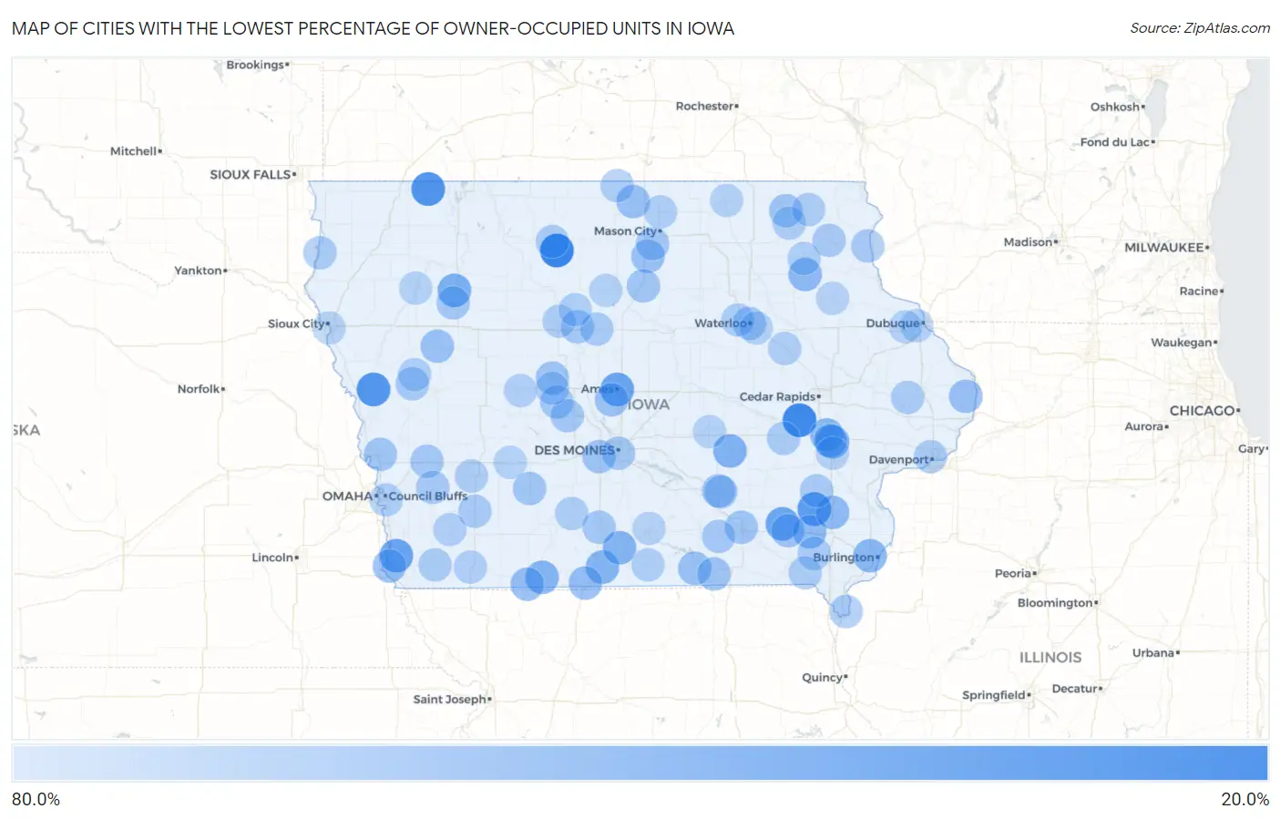 Cities with the Lowest Percentage of Owner-Occupied Units in Iowa Map