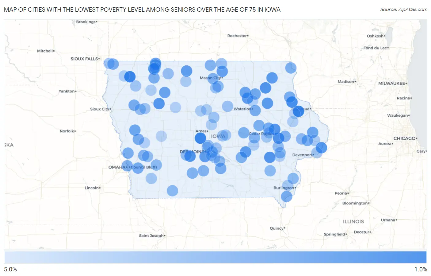 Cities with the Lowest Poverty Level Among Seniors Over the Age of 75 in Iowa Map