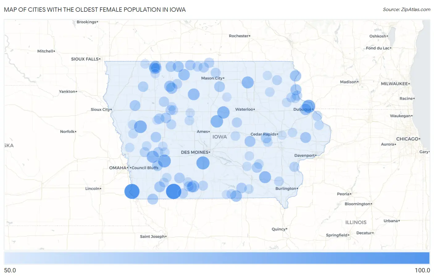 Cities with the Oldest Female Population in Iowa Map