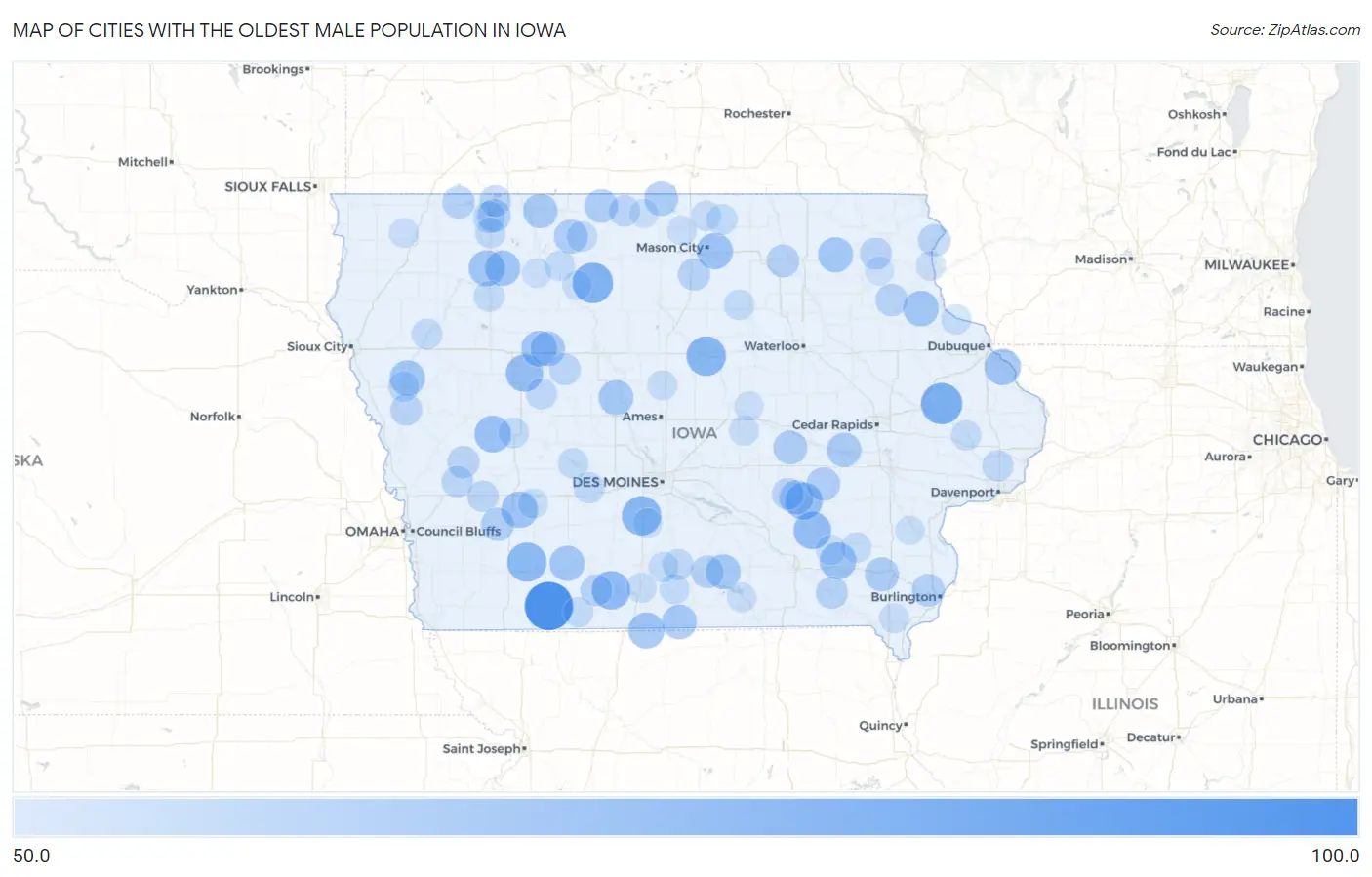 Cities with the Oldest Male Population in Iowa Map