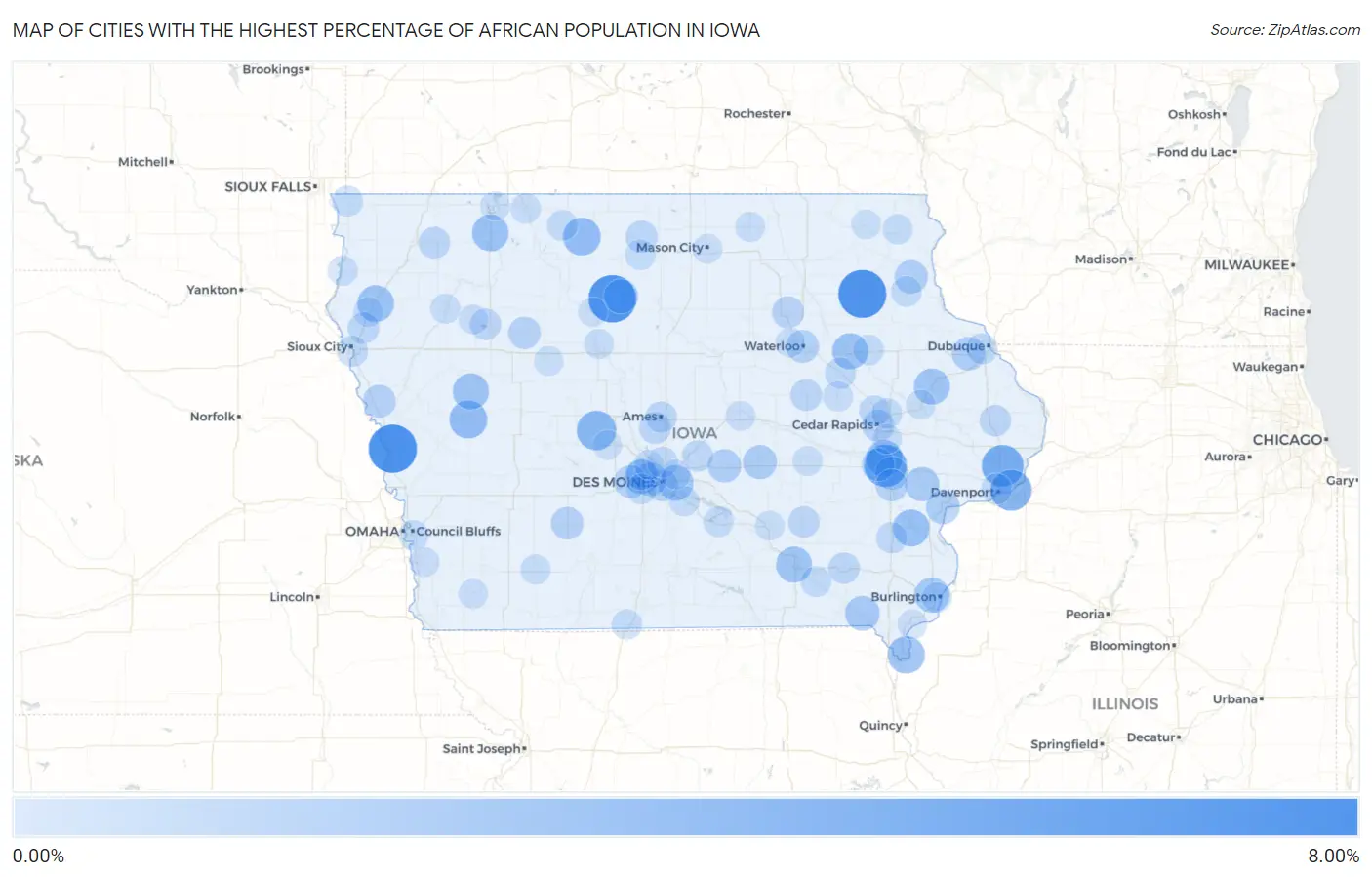 Cities with the Highest Percentage of African Population in Iowa Map