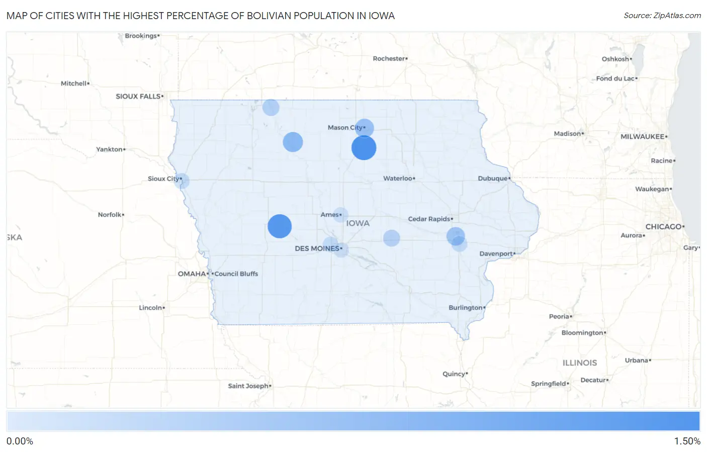 Cities with the Highest Percentage of Bolivian Population in Iowa Map