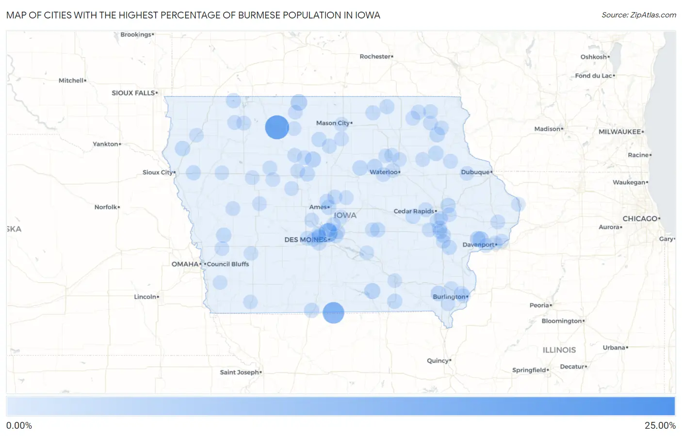 Cities with the Highest Percentage of Burmese Population in Iowa Map