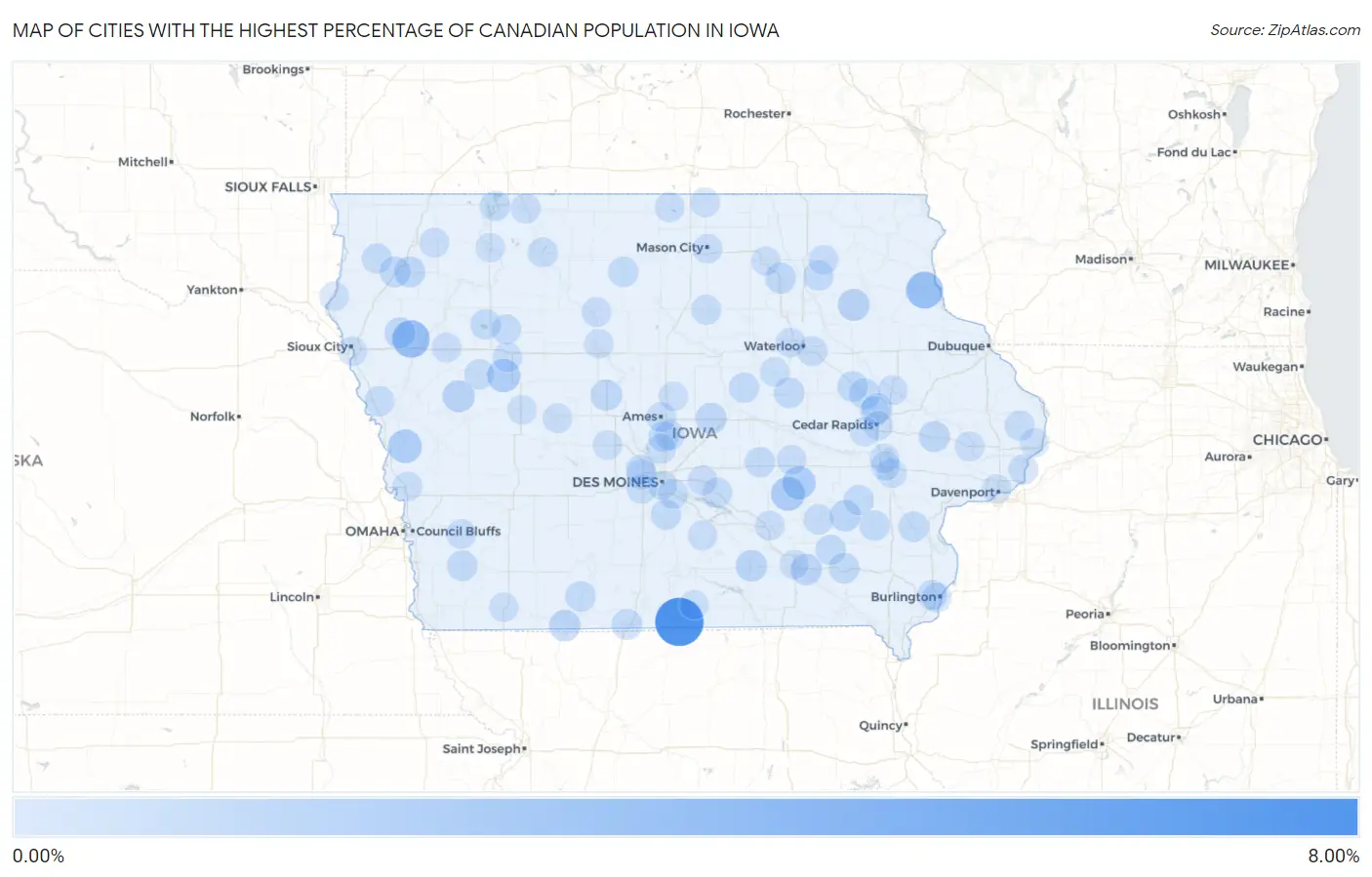 Cities with the Highest Percentage of Canadian Population in Iowa Map