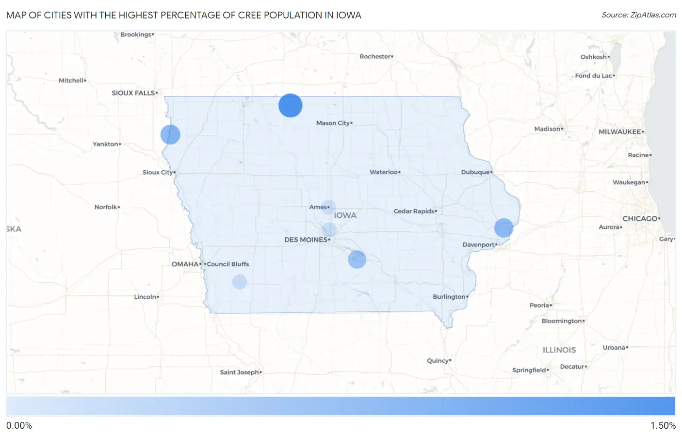 Cities with the Highest Percentage of Cree Population in Iowa Map