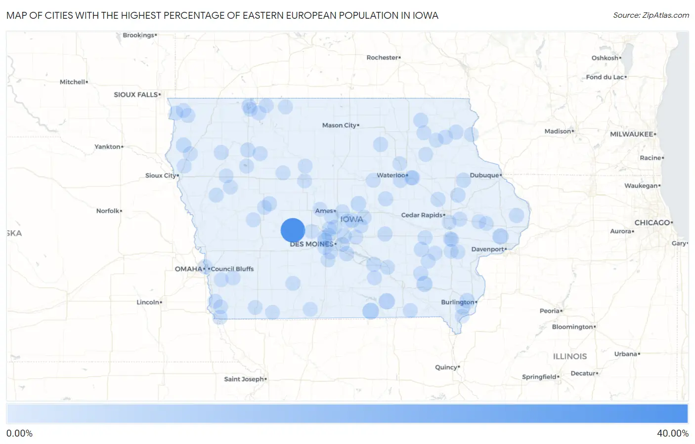 Cities with the Highest Percentage of Eastern European Population in Iowa Map