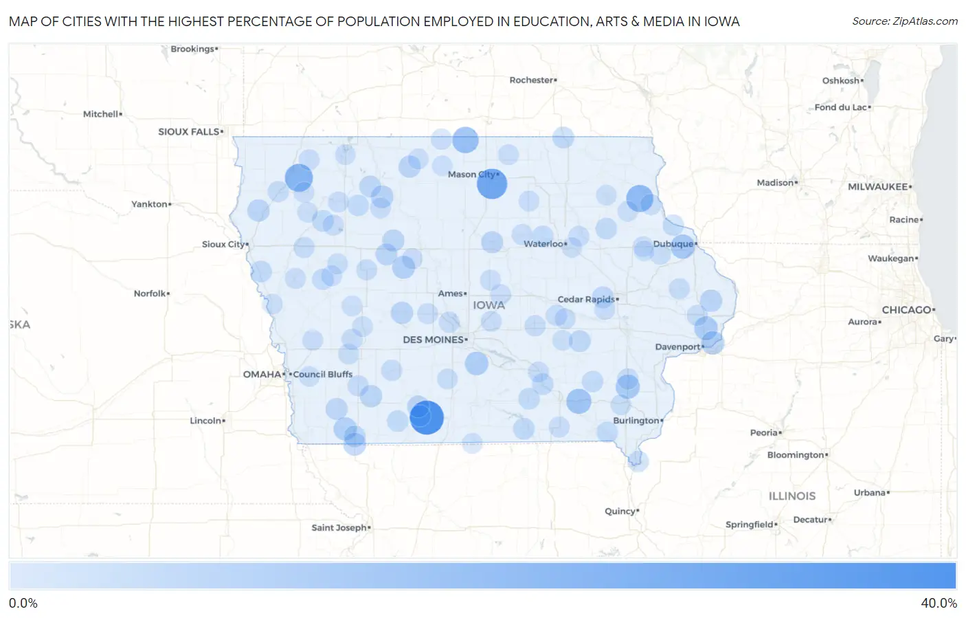 Cities with the Highest Percentage of Population Employed in Education, Arts & Media in Iowa Map