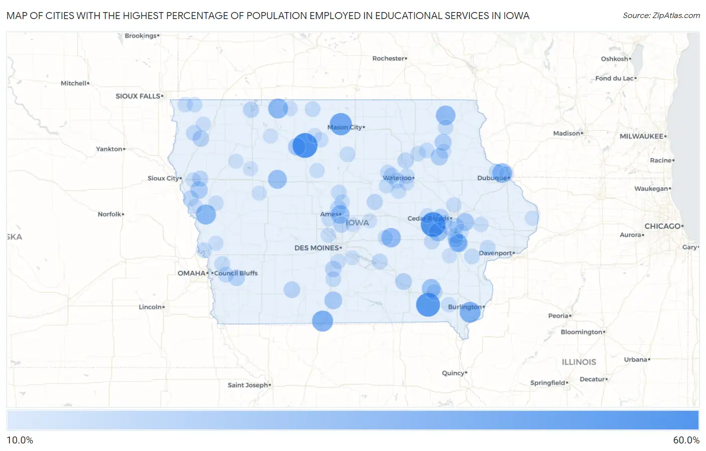 Cities with the Highest Percentage of Population Employed in Educational Services in Iowa Map