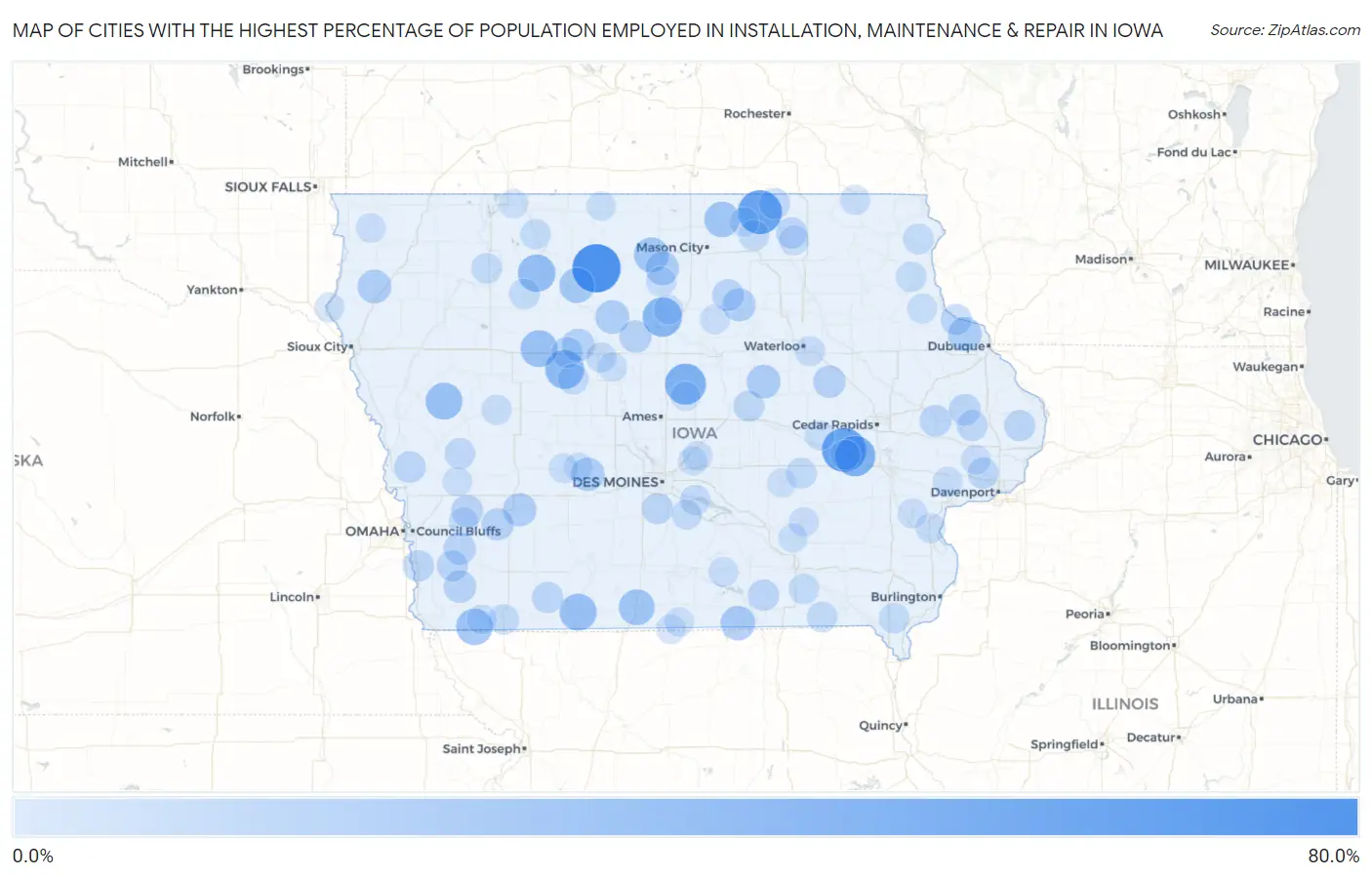Cities with the Highest Percentage of Population Employed in Installation, Maintenance & Repair in Iowa Map