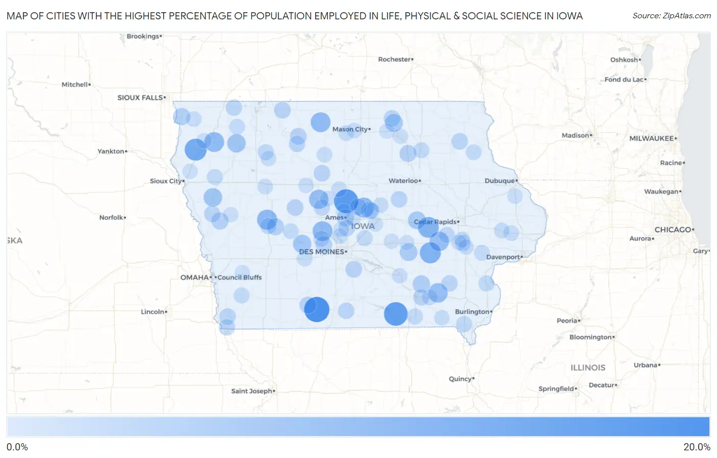 Cities with the Highest Percentage of Population Employed in Life, Physical & Social Science in Iowa Map