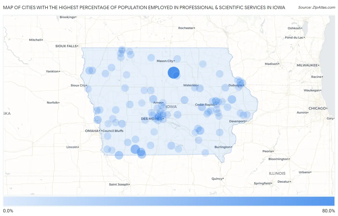 Cities with the Highest Percentage of Population Employed in Professional & Scientific Services in Iowa Map