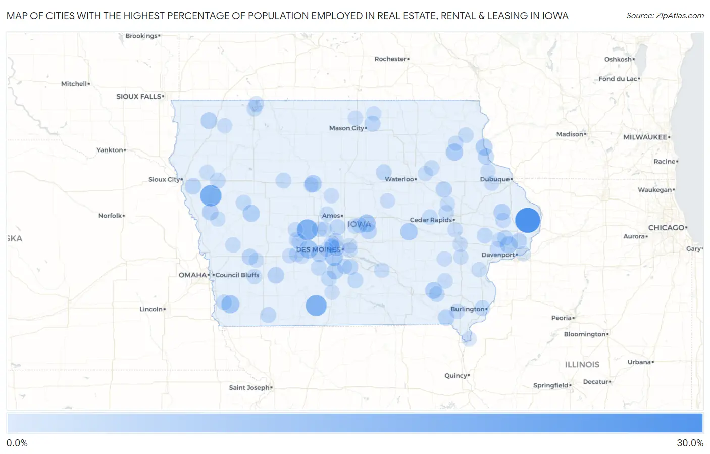 Cities with the Highest Percentage of Population Employed in Real Estate, Rental & Leasing in Iowa Map