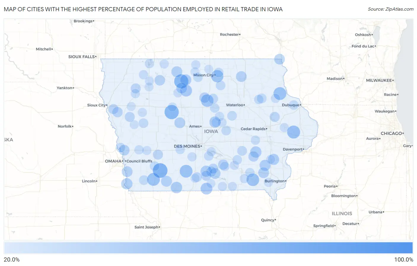Cities with the Highest Percentage of Population Employed in Retail Trade in Iowa Map