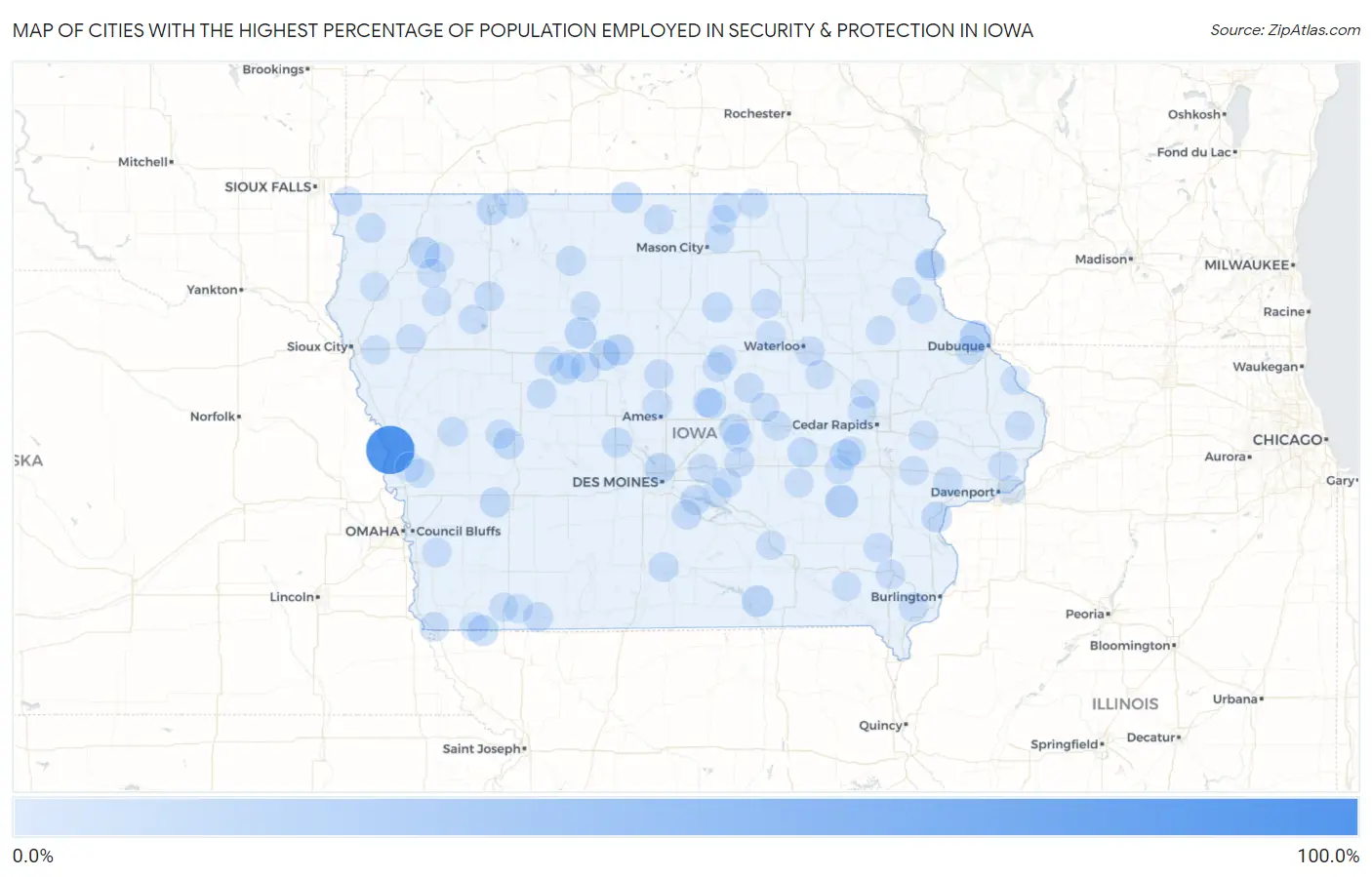 Cities with the Highest Percentage of Population Employed in Security & Protection in Iowa Map