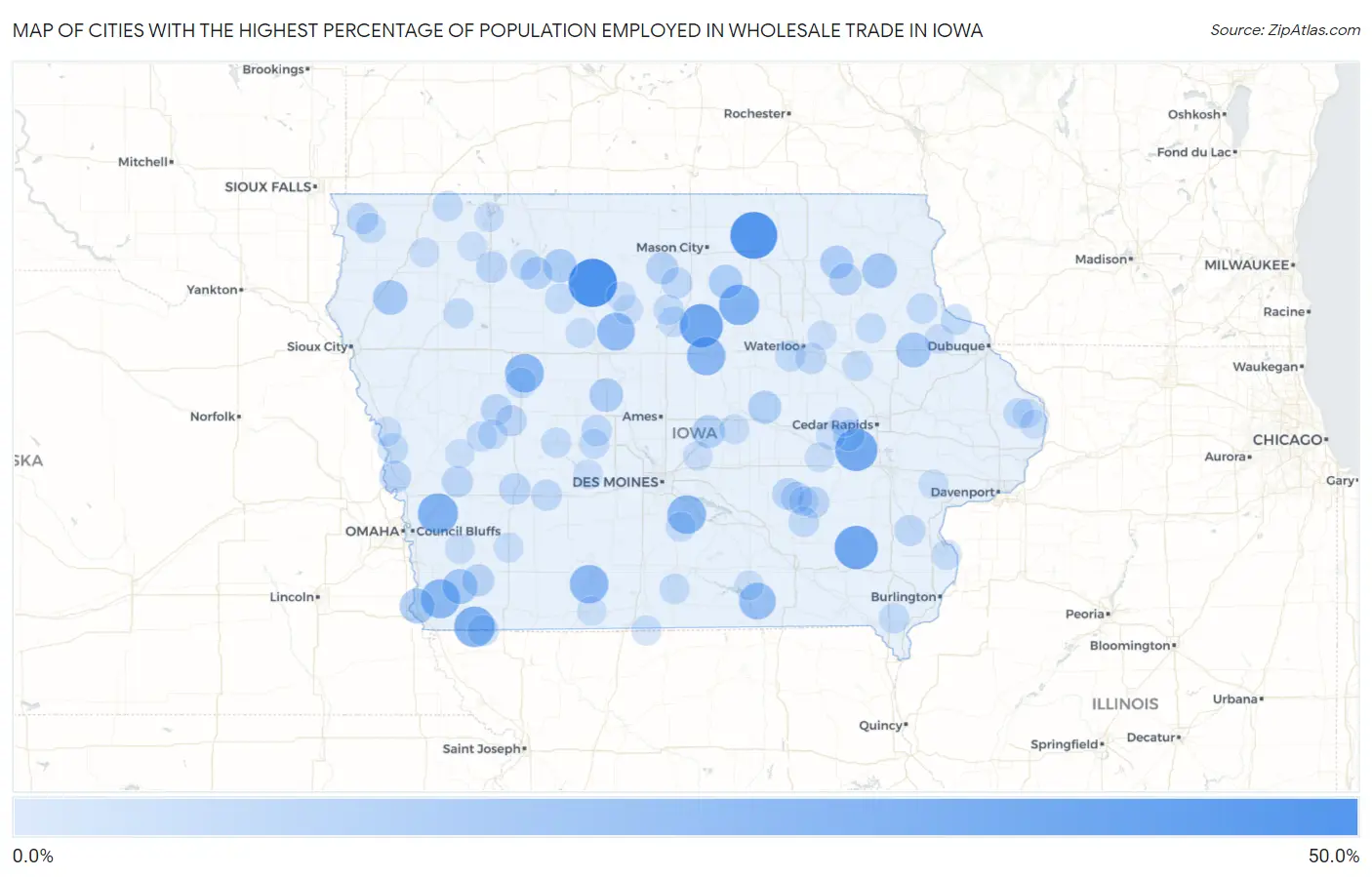 Cities with the Highest Percentage of Population Employed in Wholesale Trade in Iowa Map