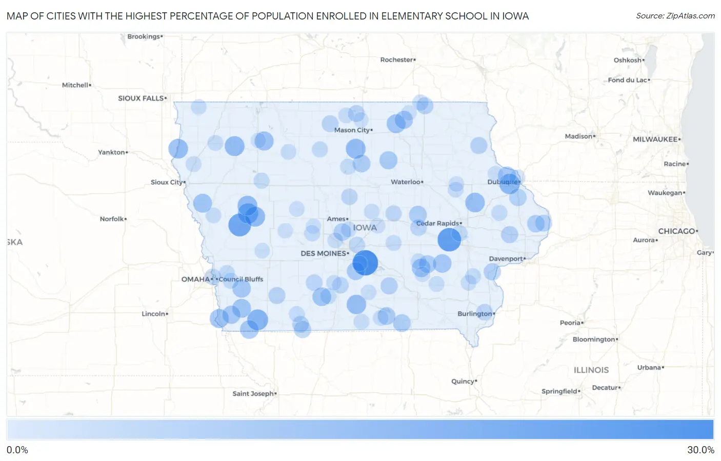 Cities with the Highest Percentage of Population Enrolled in Elementary School in Iowa Map