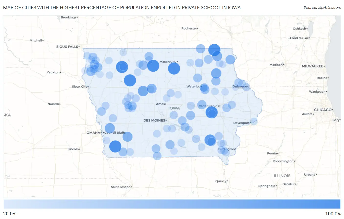 Cities with the Highest Percentage of Population Enrolled in Private School in Iowa Map