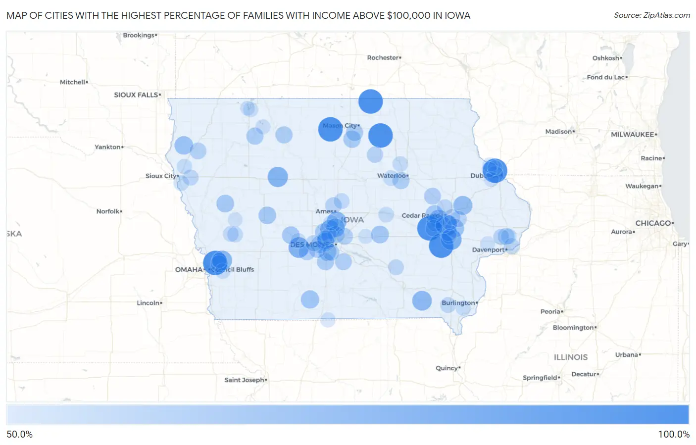 Cities with the Highest Percentage of Families with Income Above $100,000 in Iowa Map