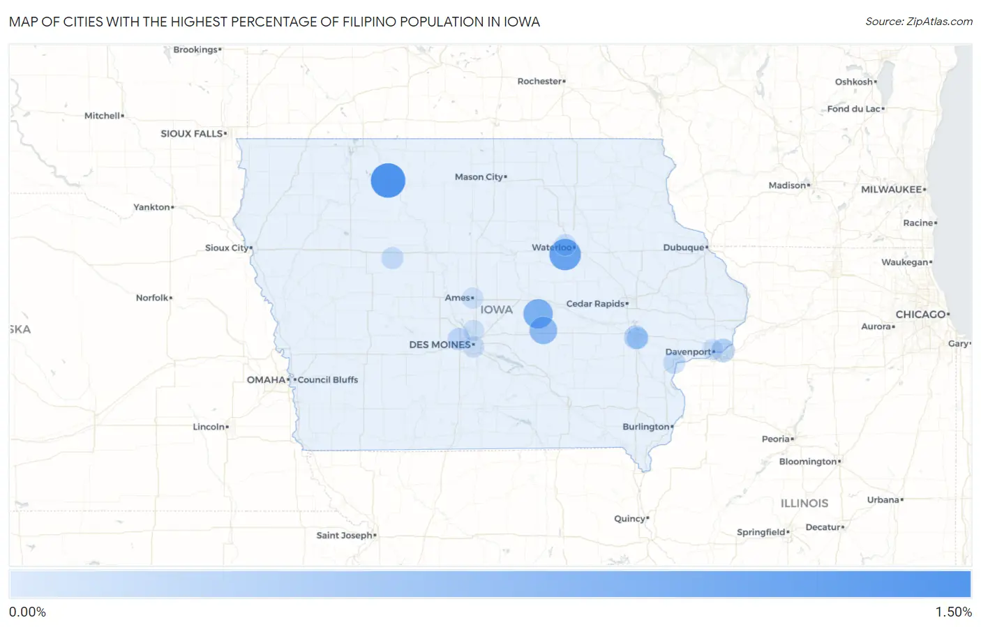 Cities with the Highest Percentage of Filipino Population in Iowa Map