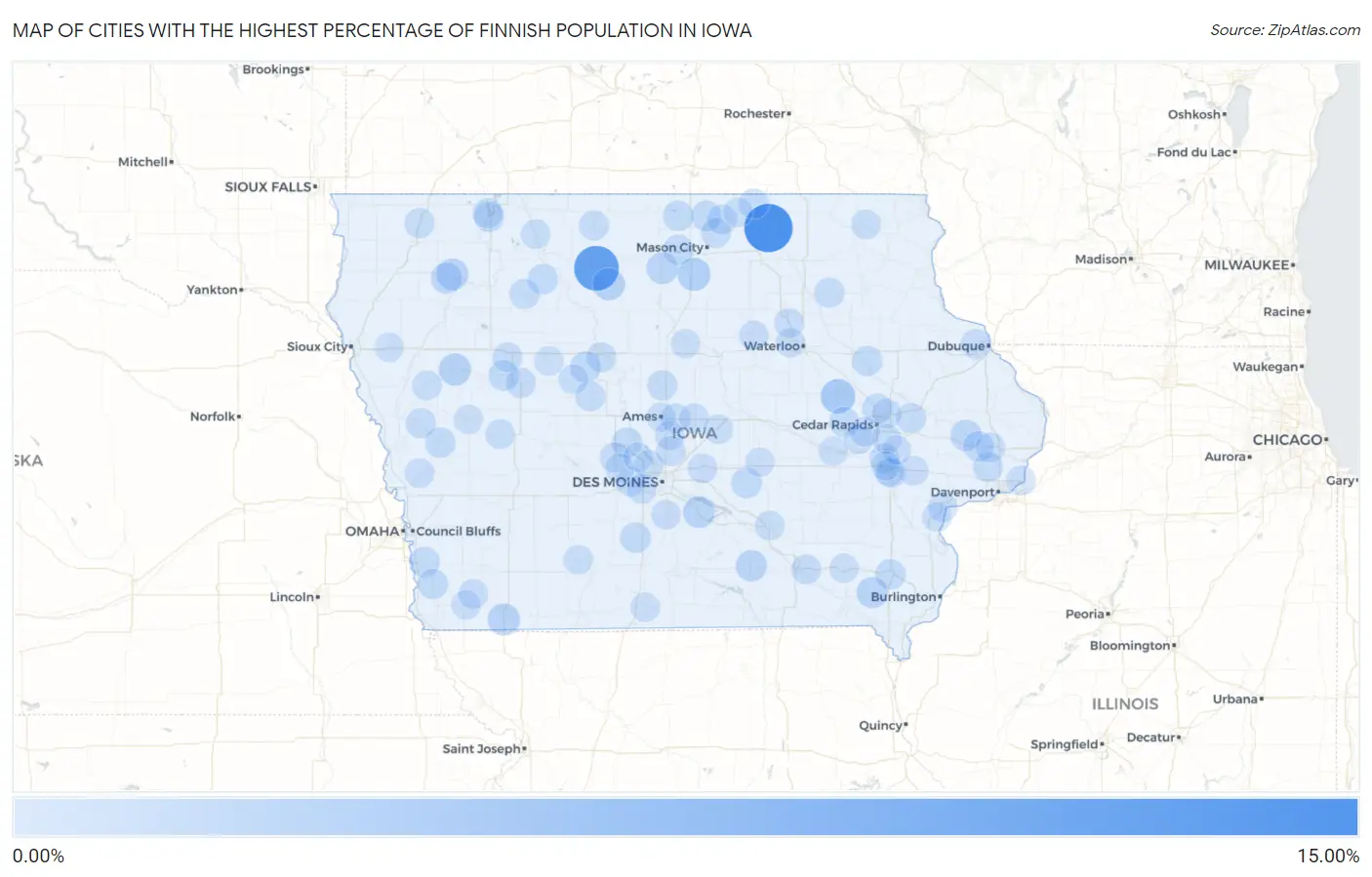 Cities with the Highest Percentage of Finnish Population in Iowa Map