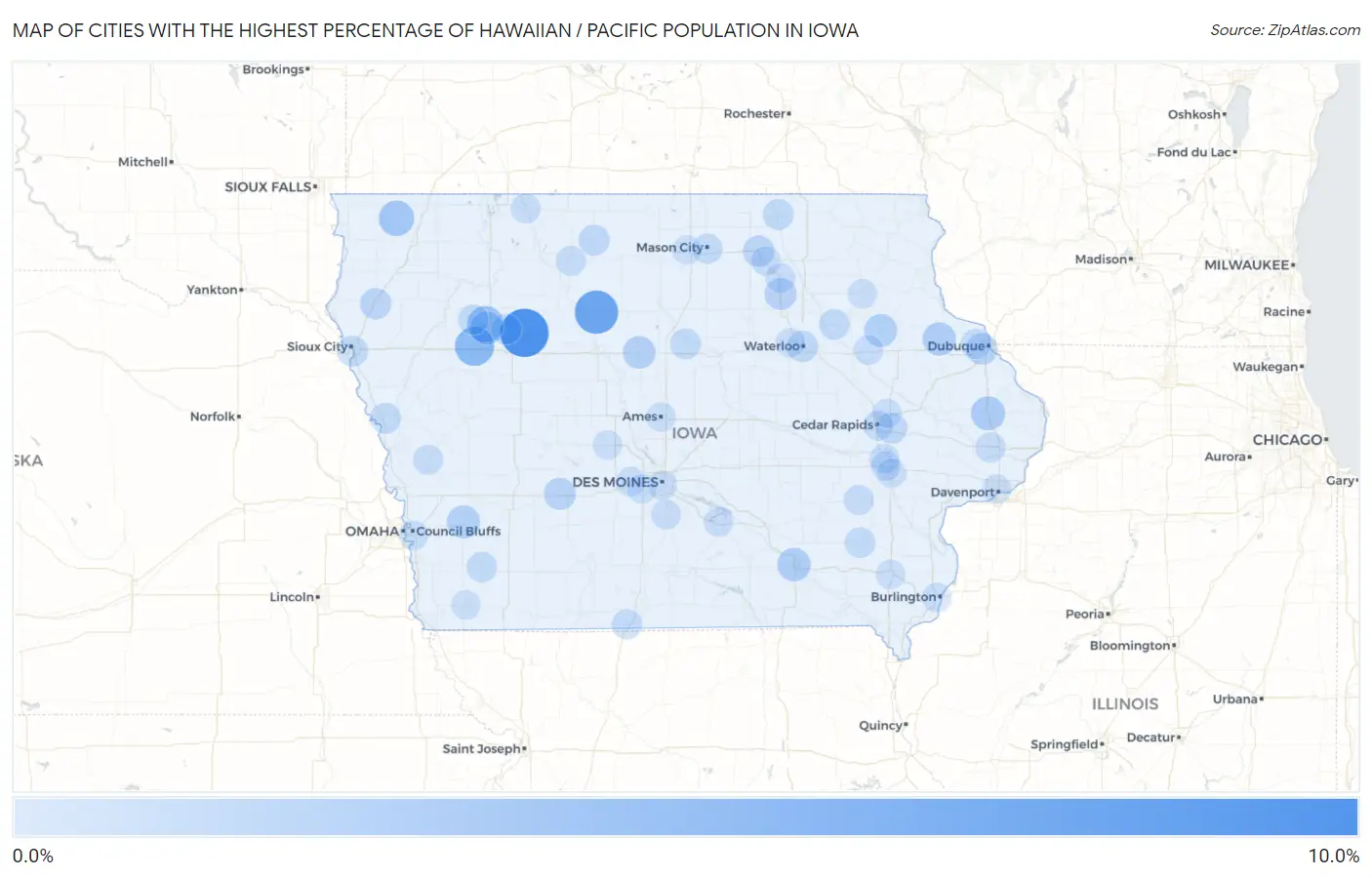 Cities with the Highest Percentage of Hawaiian / Pacific Population in Iowa Map
