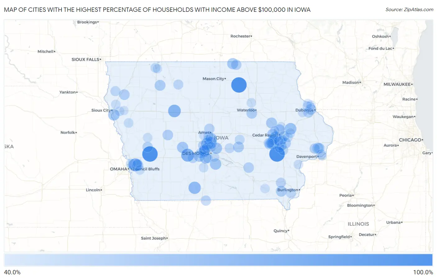 Cities with the Highest Percentage of Households with Income Above $100,000 in Iowa Map