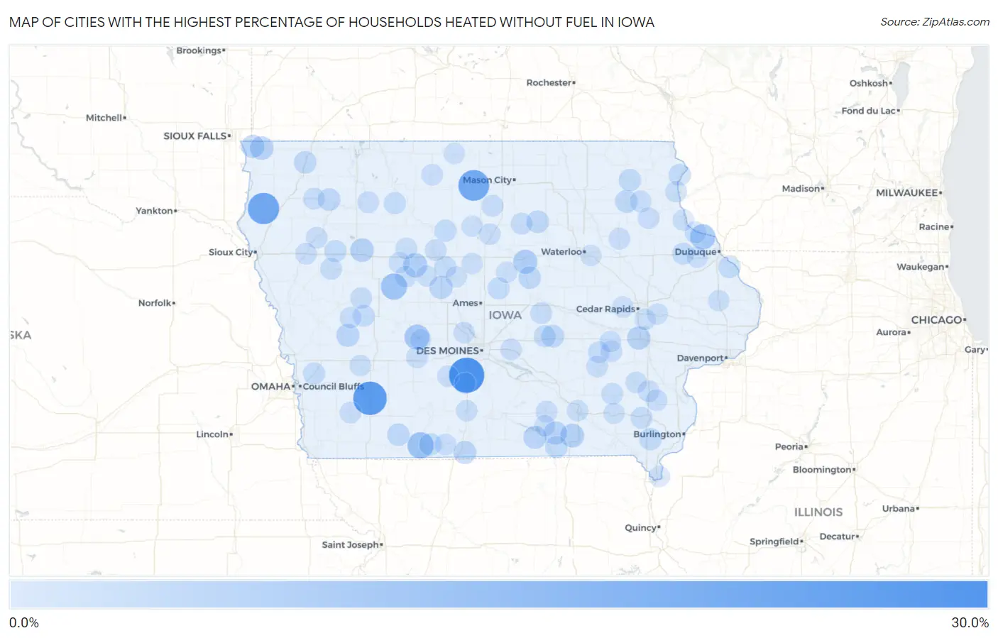Cities with the Highest Percentage of Households Heated without Fuel in Iowa Map