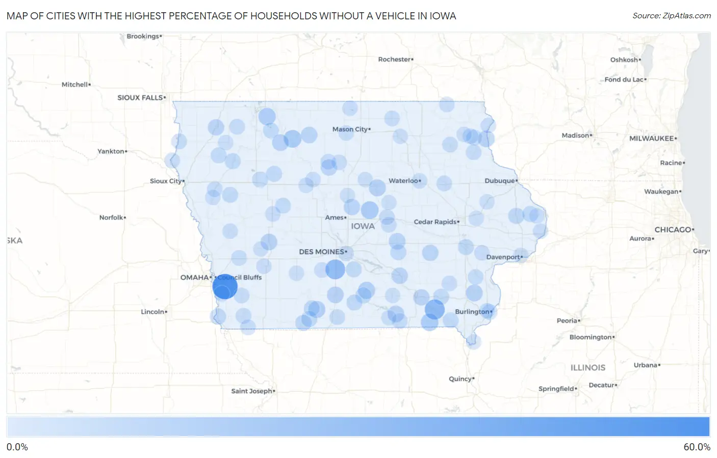 Cities with the Highest Percentage of Households Without a Vehicle in Iowa Map