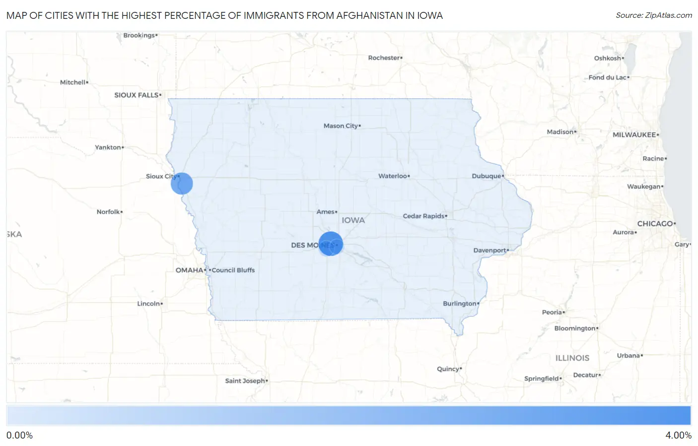 Cities with the Highest Percentage of Immigrants from Afghanistan in Iowa Map