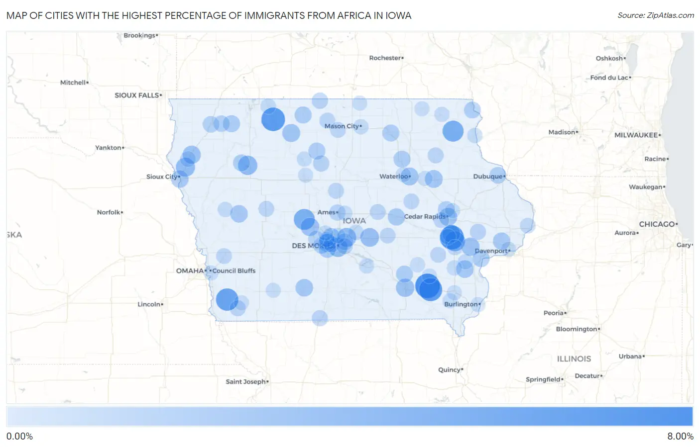 Cities with the Highest Percentage of Immigrants from Africa in Iowa Map