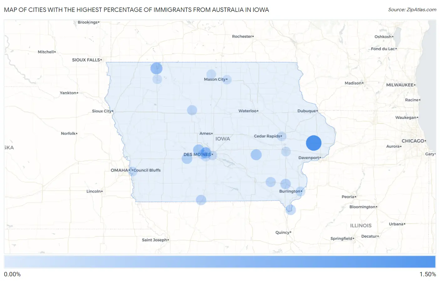 Cities with the Highest Percentage of Immigrants from Australia in Iowa Map