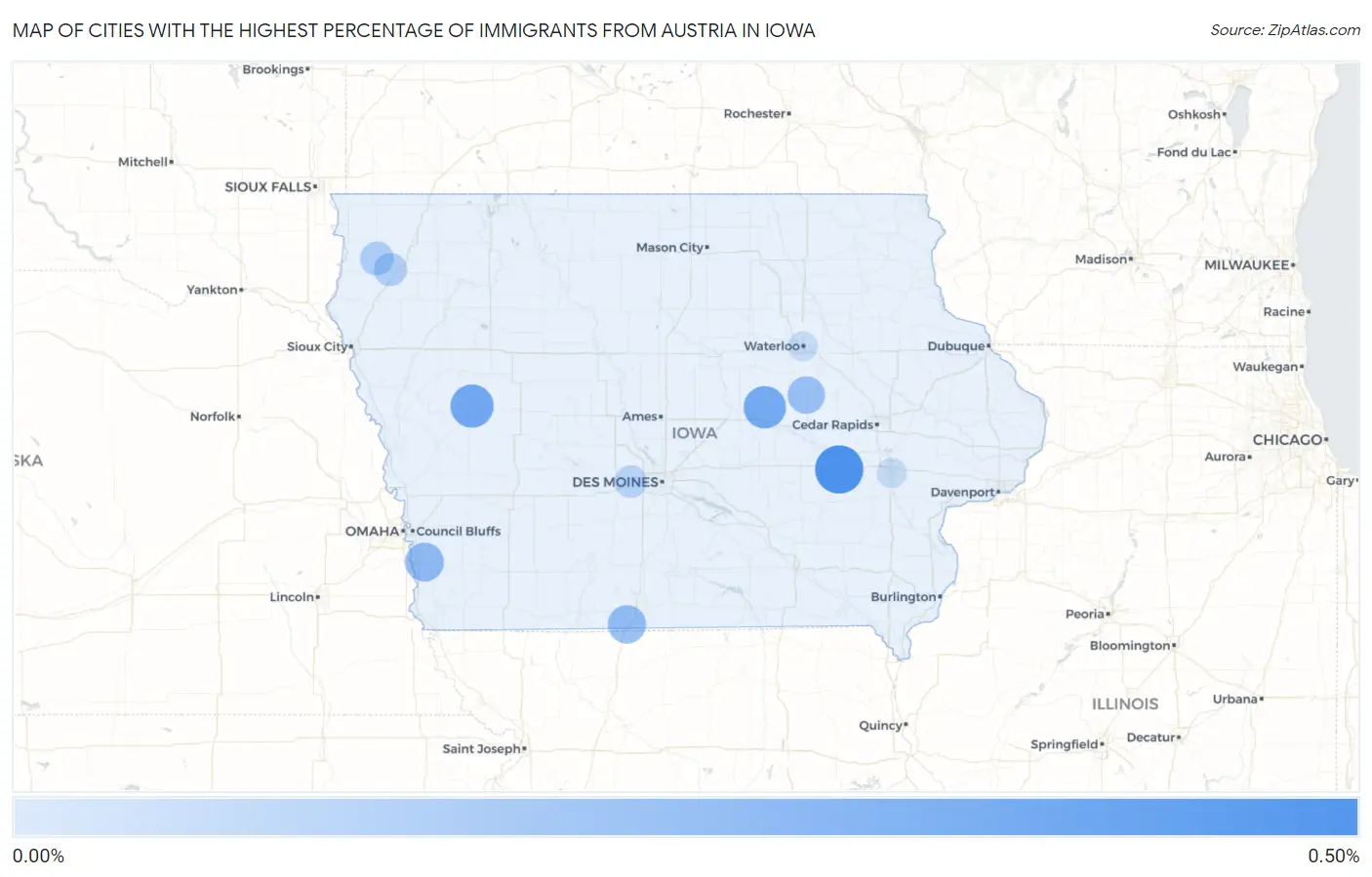 Cities with the Highest Percentage of Immigrants from Austria in Iowa Map
