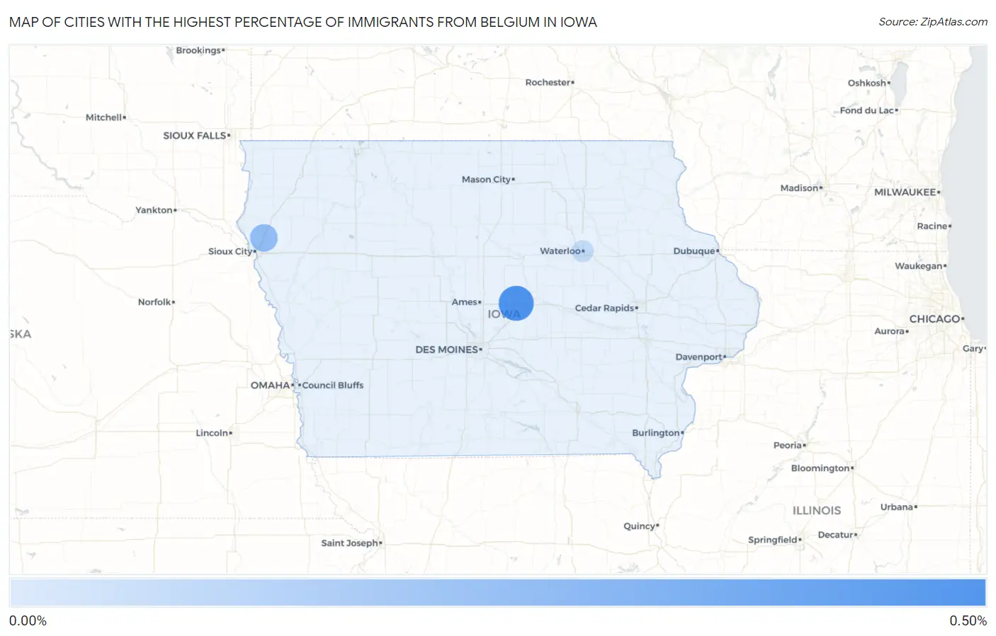 Cities with the Highest Percentage of Immigrants from Belgium in Iowa Map