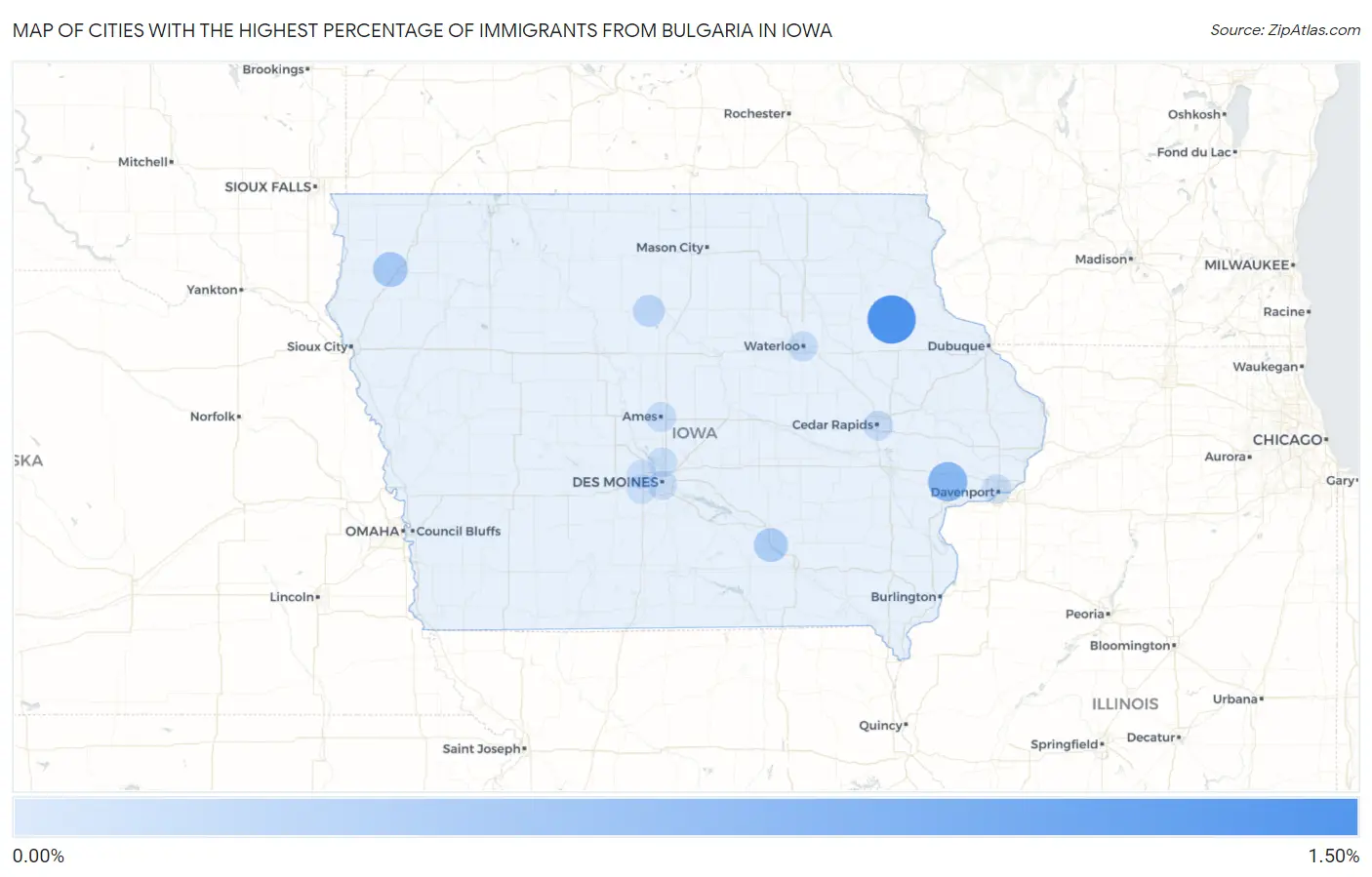 Cities with the Highest Percentage of Immigrants from Bulgaria in Iowa Map