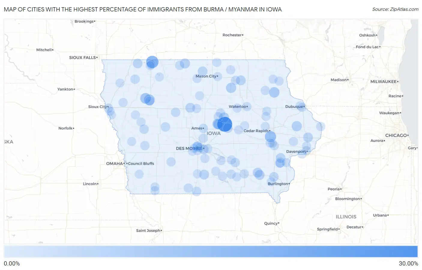 Cities with the Highest Percentage of Immigrants from Burma / Myanmar in Iowa Map