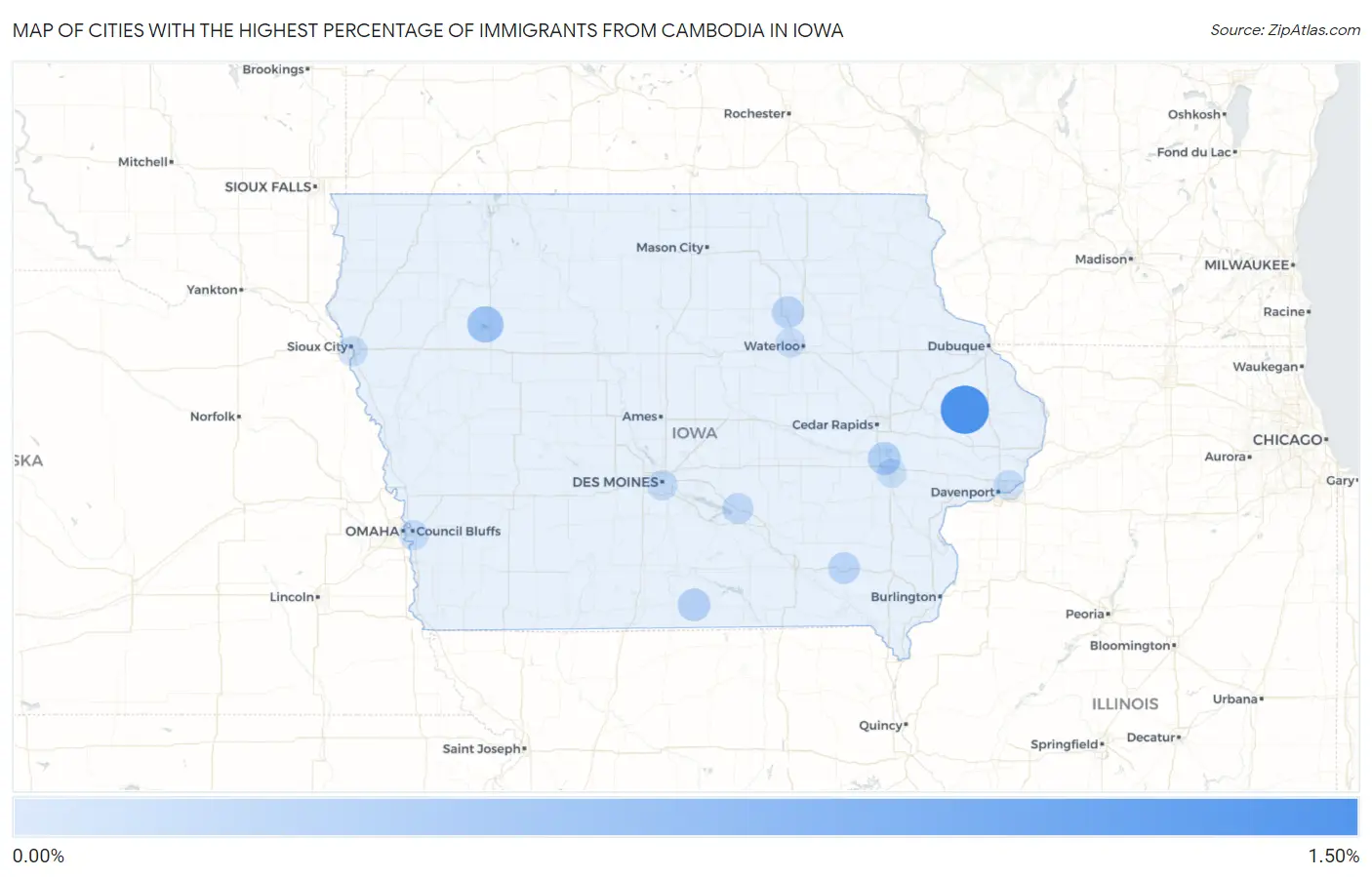 Cities with the Highest Percentage of Immigrants from Cambodia in Iowa Map