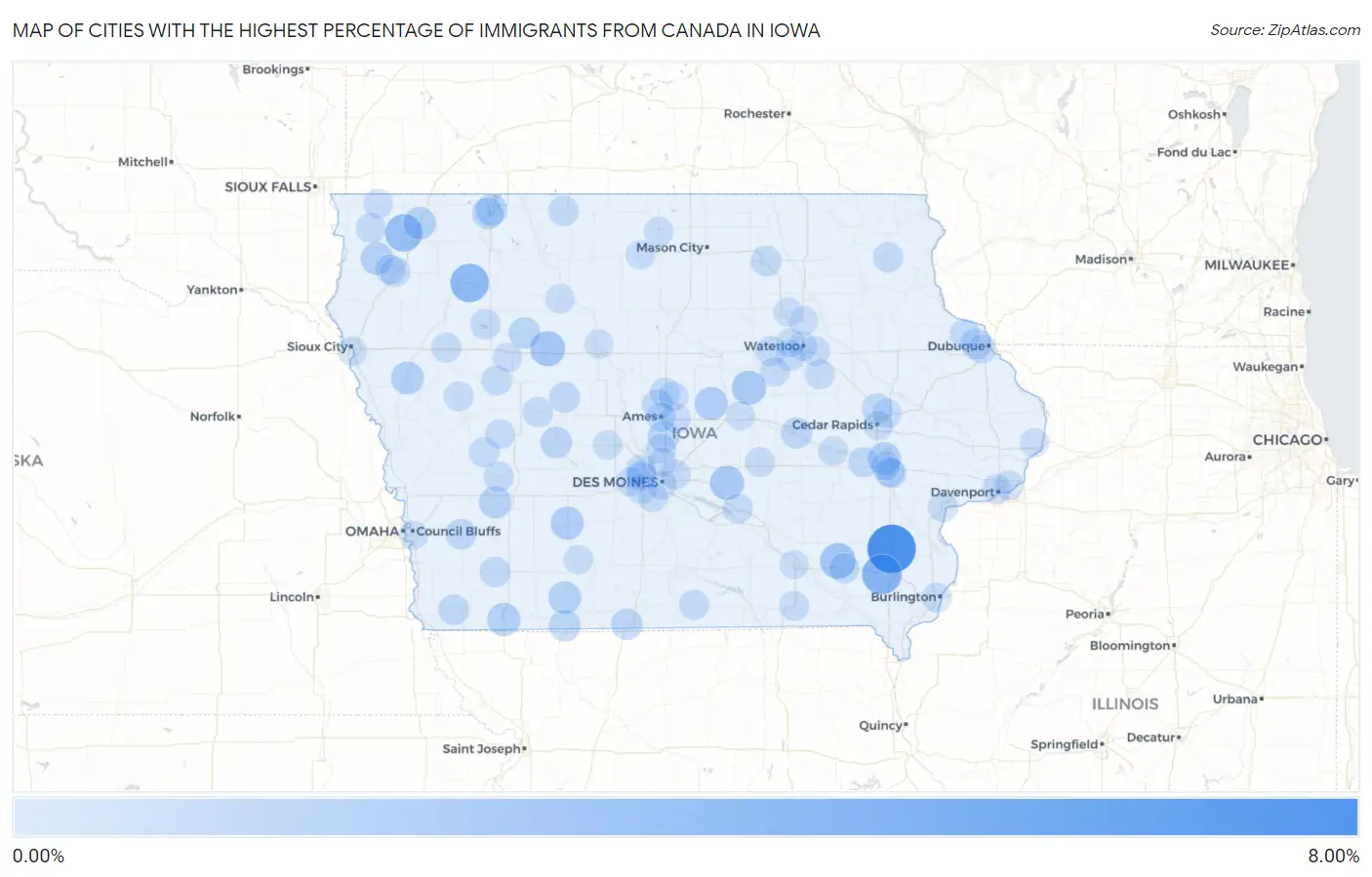 Cities with the Highest Percentage of Immigrants from Canada in Iowa Map